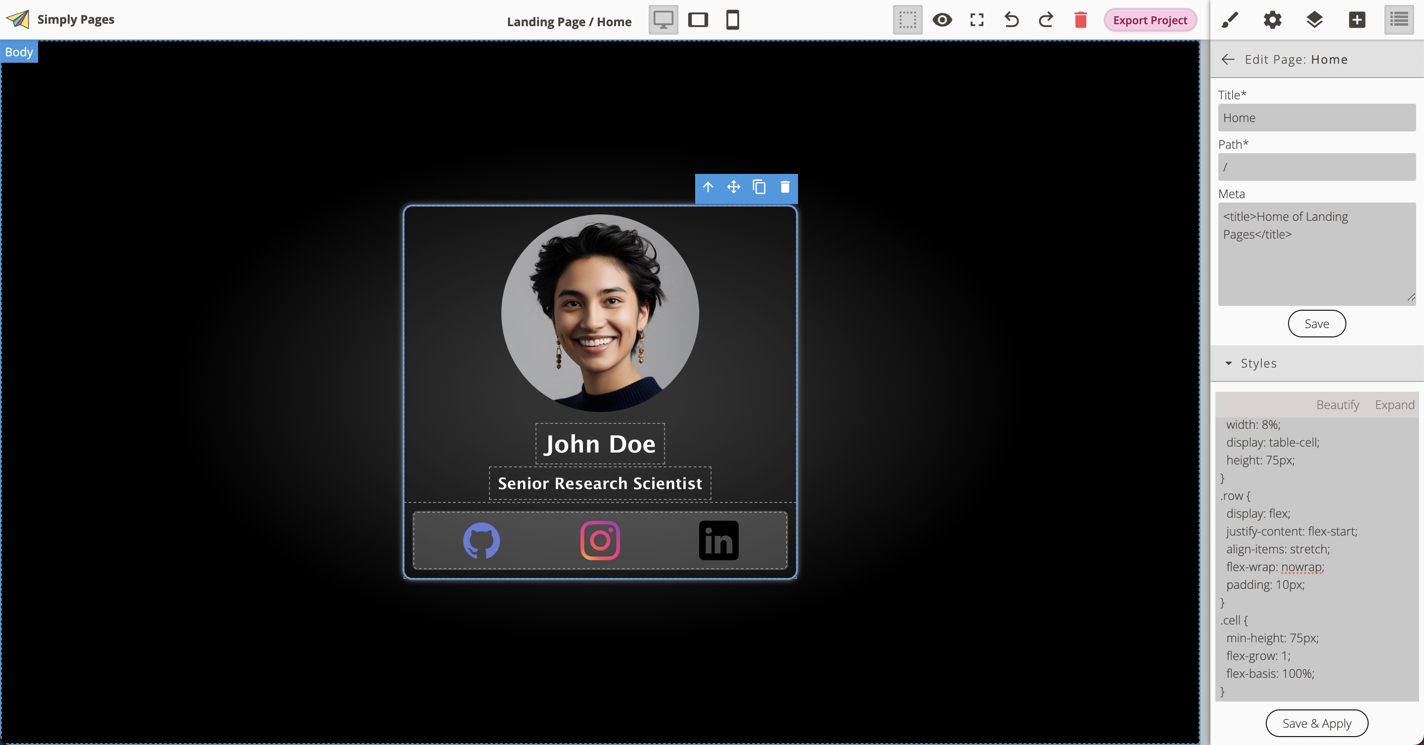 Web builder showing custom CSS implementation